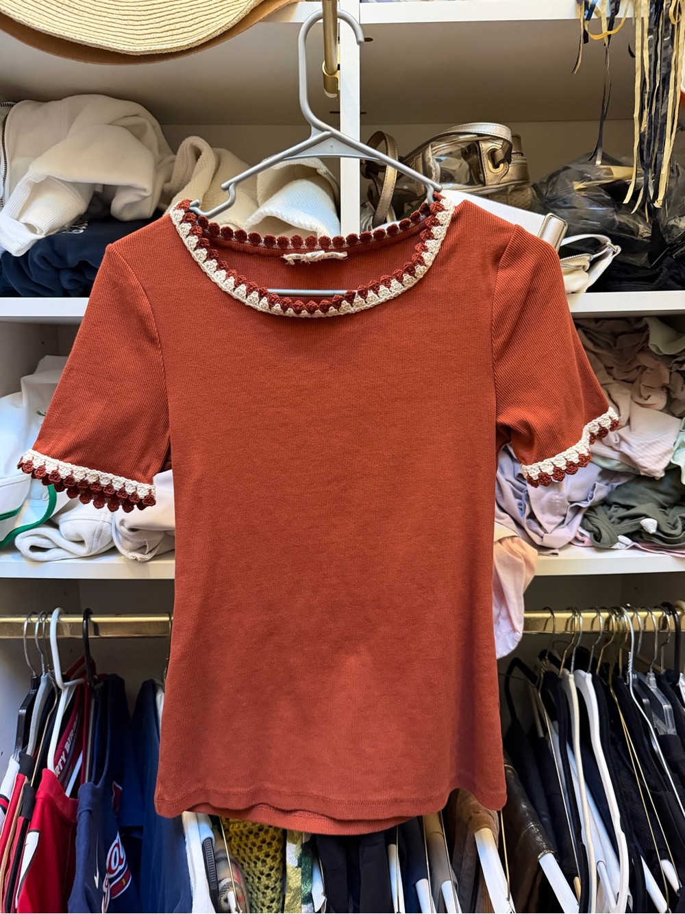 Boden Rust Short Sleeve Top with Cream Crochet Trim